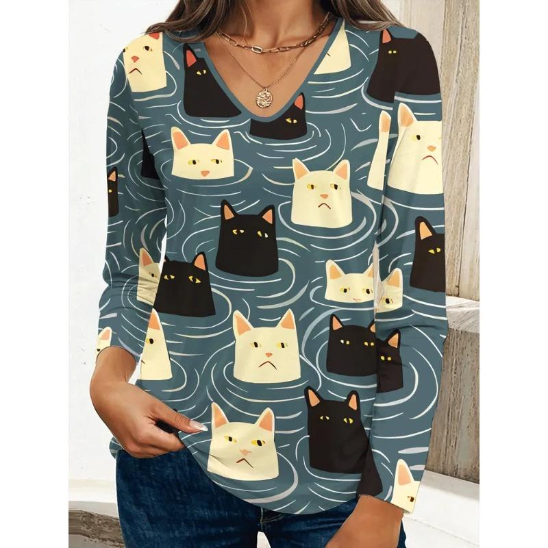 Autumn Women's 3D Printed V-Neck Long Sleeve T-Shirt