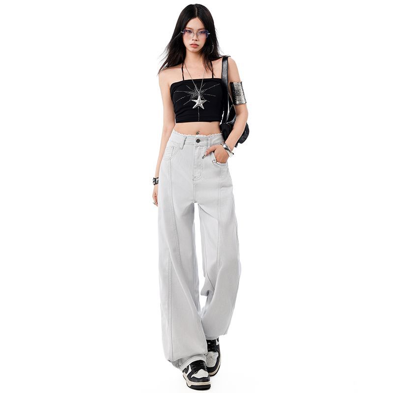 Spring Summer Lace Trim Raised Side Seam Design Slim Relaxed Saber Cut High Waist Denim Pants For Women Casual Pants Oversize Denim Trousers