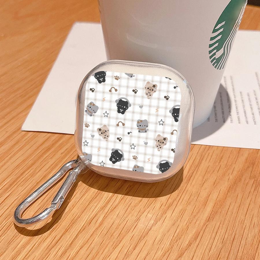 Case For Samsung Galaxy Buds 3Pro Live 4 Pro 2 2Pro 4Pro 3 FE Clear Earphone Cases Cover With Hook Grid Cartoon Cat