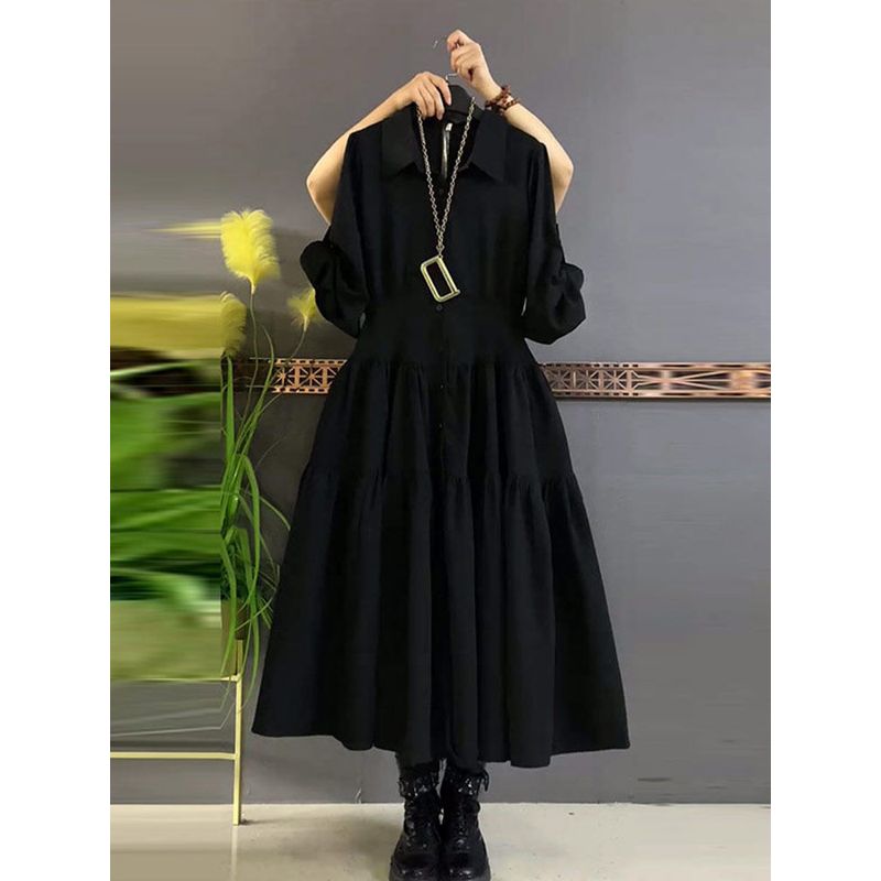 Plus-Size Women's Elegant Workwear Style Slimming Black Dress with a Turn-Down Collar and Long Waist-Cinching Design