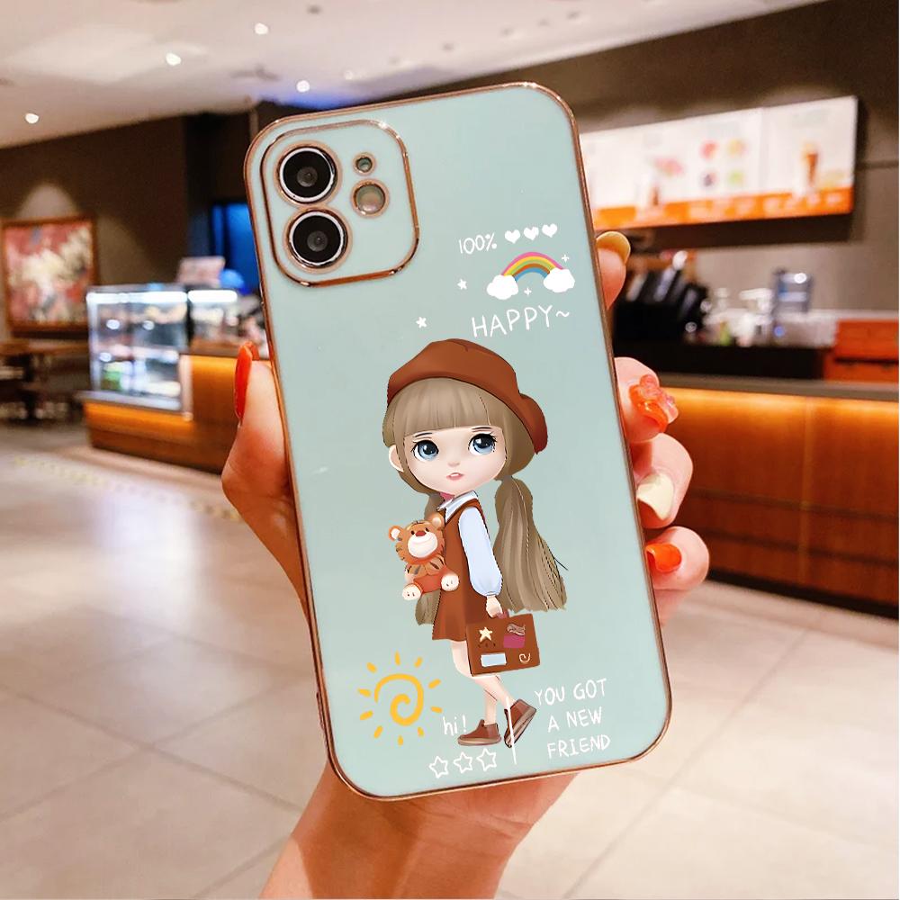 For iPhone 16 15 Max Samsung S24 S23 Plus A15 A35 A53 A73 Xiaomi 11T 12T 13T Redmi 13C Soft TPU Full Lens Protect Cute Girl Phone Case