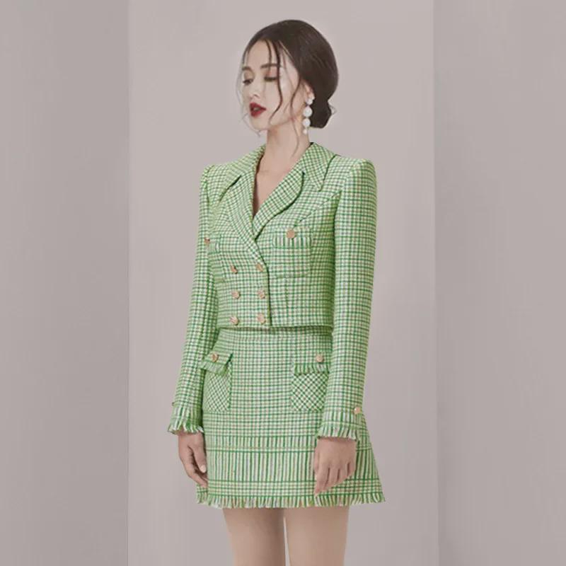 2024 Autumn/Winter Plaid Double-Breasted Short Top & A-Line Tassel Skirt Set