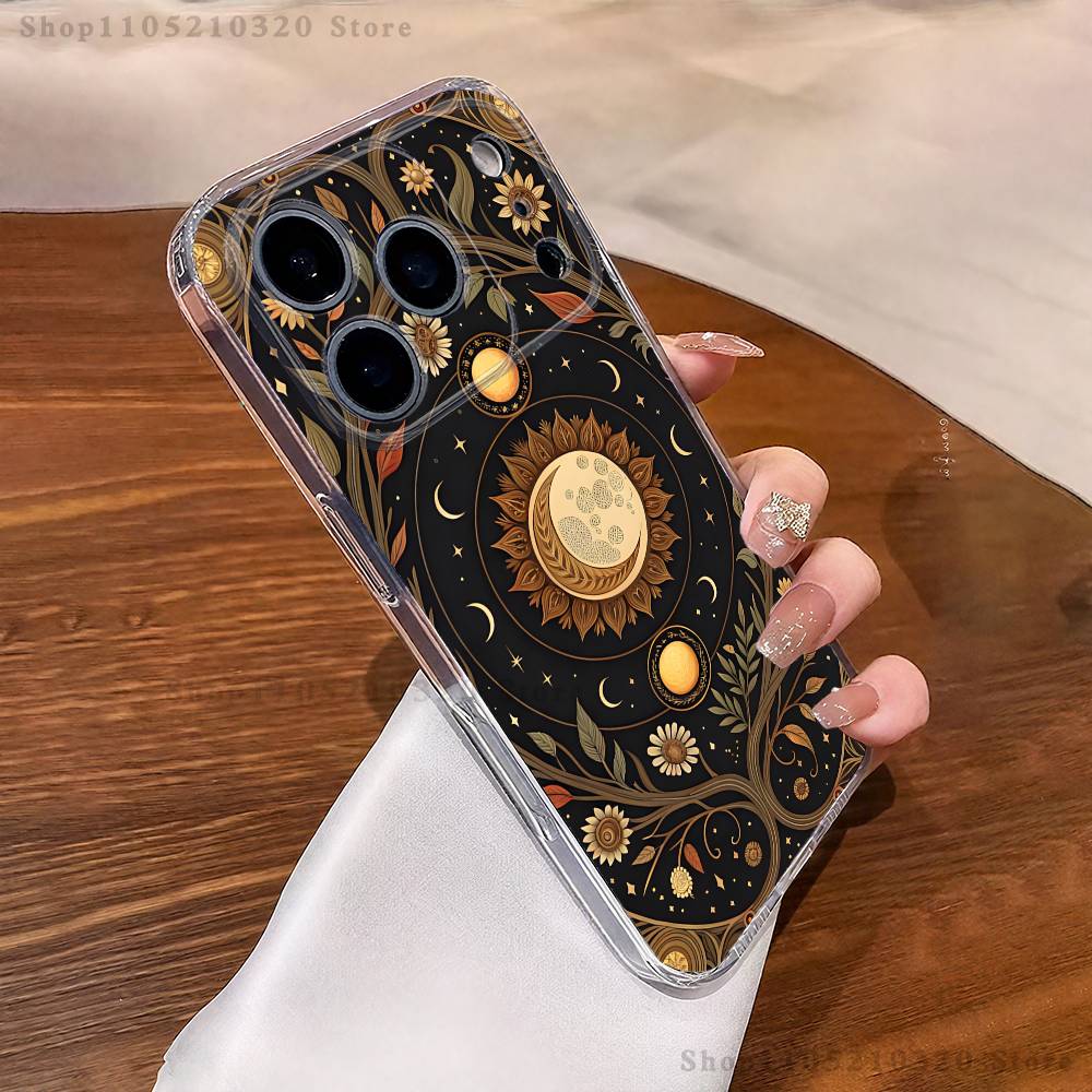 Aesthetic Print Sun Moon Phone Case For iPhone 17,16,15,14,13,12,11 Pro,Max,Plus,XR,Mini,E Clear Full-coverage Soft Cover