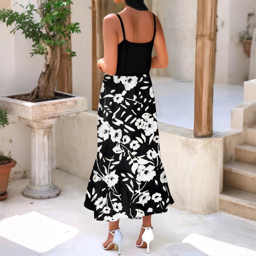 Women's Long Beach Casual Elegant Spaghetti Strap Maxi Dress Floral Low-key Flowing Bohemian Dress