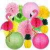 Tropical Flamingo Hawaiian Party Decorations: Pineapple Paper Flowers, Fans, & Honeycomb Balls.