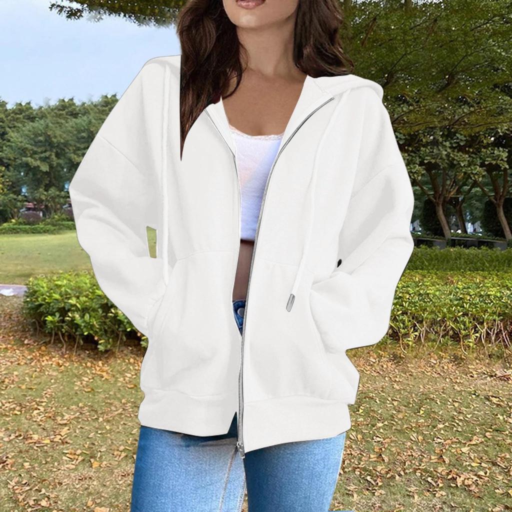 Women's Casual Fashion Solid Color Long Sleeved Zippered Hooded Sweatshirt