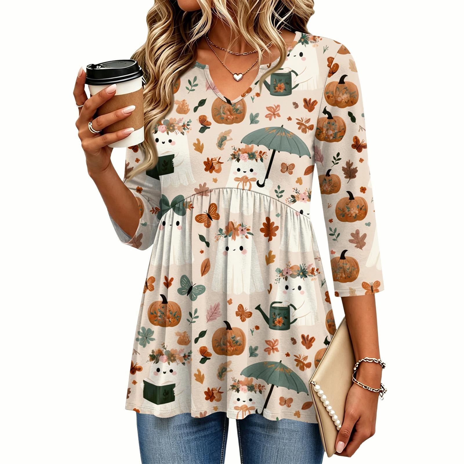 Women s Casual Halloween Print V-Neck Blouse with Three-Quarter Sleeves for Holiday Parties XXXL