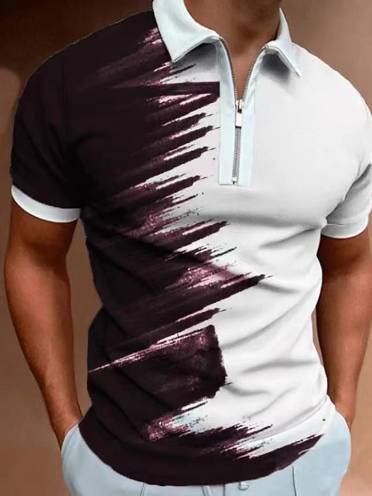 Trendy Short Sleeve Zip-Up Polo, Striped Slim Fit Casual Top