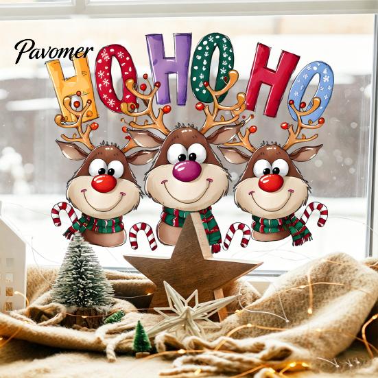 Glass Door Decor Christmas Static Cling Window Stickers, Cartoon Reindeer HOHOHO Art Decals, Surface Embellishments Festive Holiday for Home