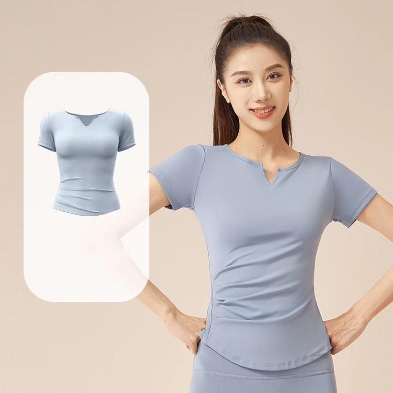 New Summer Running V-neck Yoga T Shirt Female Short sleeved Naked Quick drying Fitness Pleated Sports Top for Women