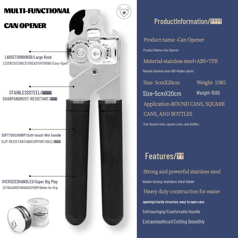 Multi-Functional Stainless Steel 3-in-1 Manual Can Opener for Home Use