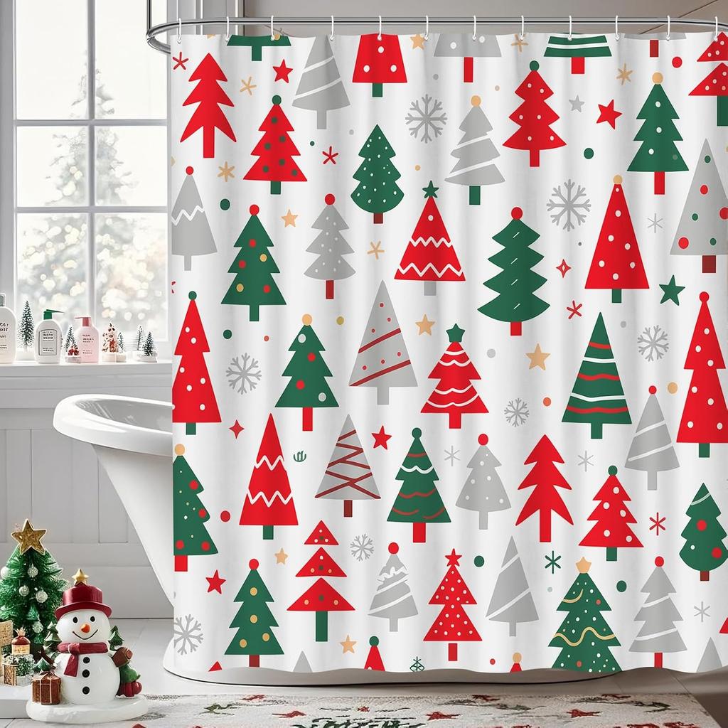 Winter Forest Green Pine Tree Shower Curtain, Winter Nature Scene Xmas Holiday Shower Curtain,Snow Forest Snowy Shower Curtain