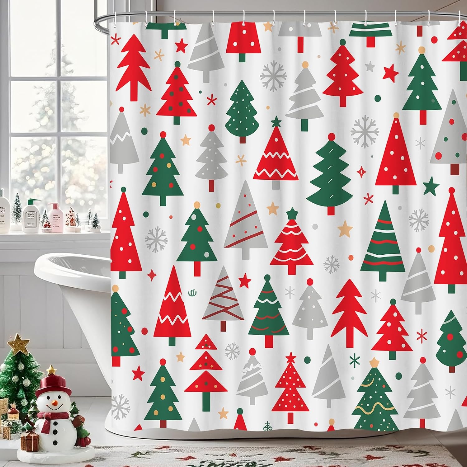Winter Forest Green Pine Tree Shower Curtain, Winter Nature Scene Xmas Holiday Shower Curtain,Snow Forest Snowy Shower Curtain 90x180CM