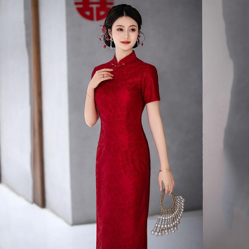 Elegant Vintage Chinese Qipao Dress Women Long Fit-and-Flare With Stand Collar Three-Quarter Sleeve 2025
