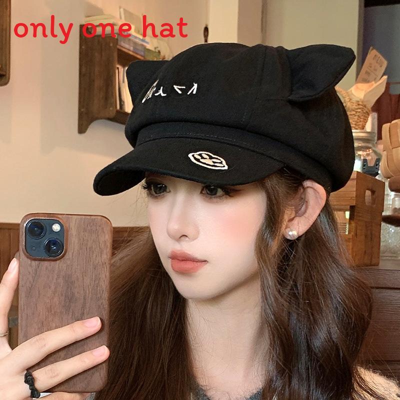 

Cotton Cat Eared Beret Hat With Embroidered Letters For Spring And Fall Casual Wear чорний