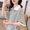 Striped Women's T-shirt Black White Contrast Turn Down Collar Half Zippers Short Sleeved Tees Korean Style Summer New Loose Casual Lady Top