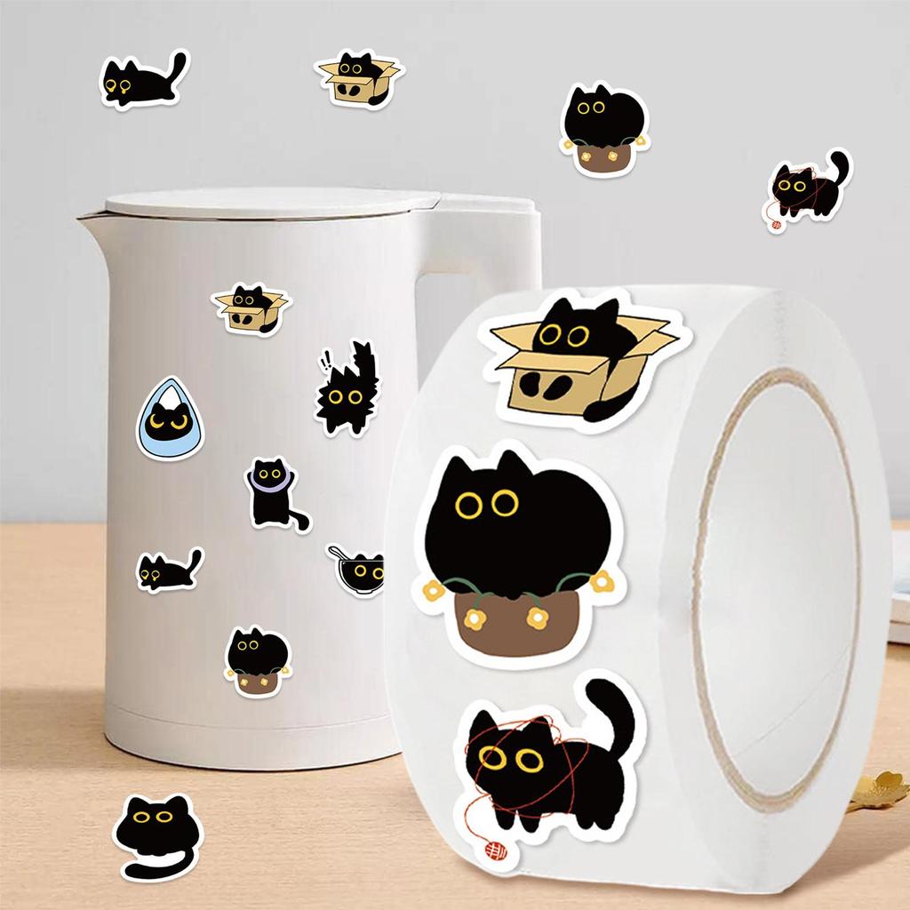 500pcs/roll Cartoon Black Cat Stickers Funny Black Kitten Laptop Stickers Cat Decals For Scrapbooking Journal Envelope Sealing