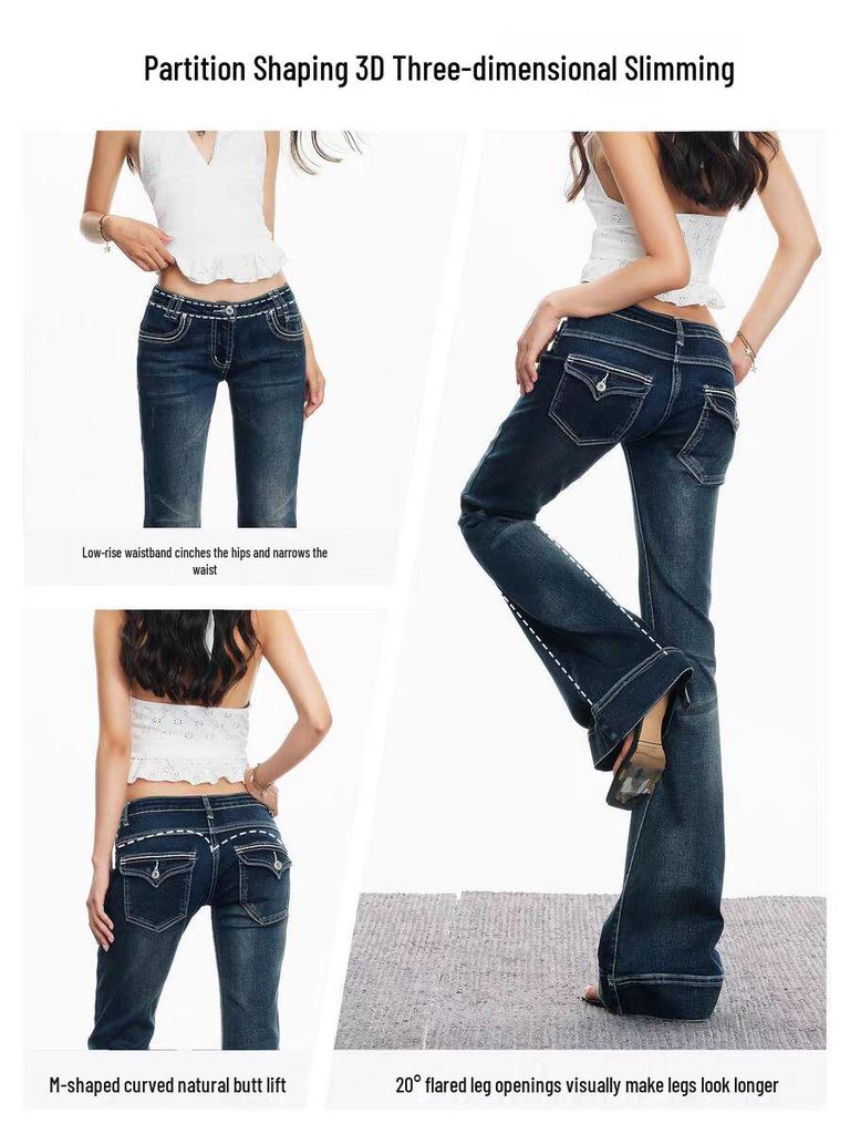 Jeans Micro-Flare a Vita Bassa Yi Mengling - Pantaloni Flare Elasticizzati Lavati da Donna, Primavera/Autunno