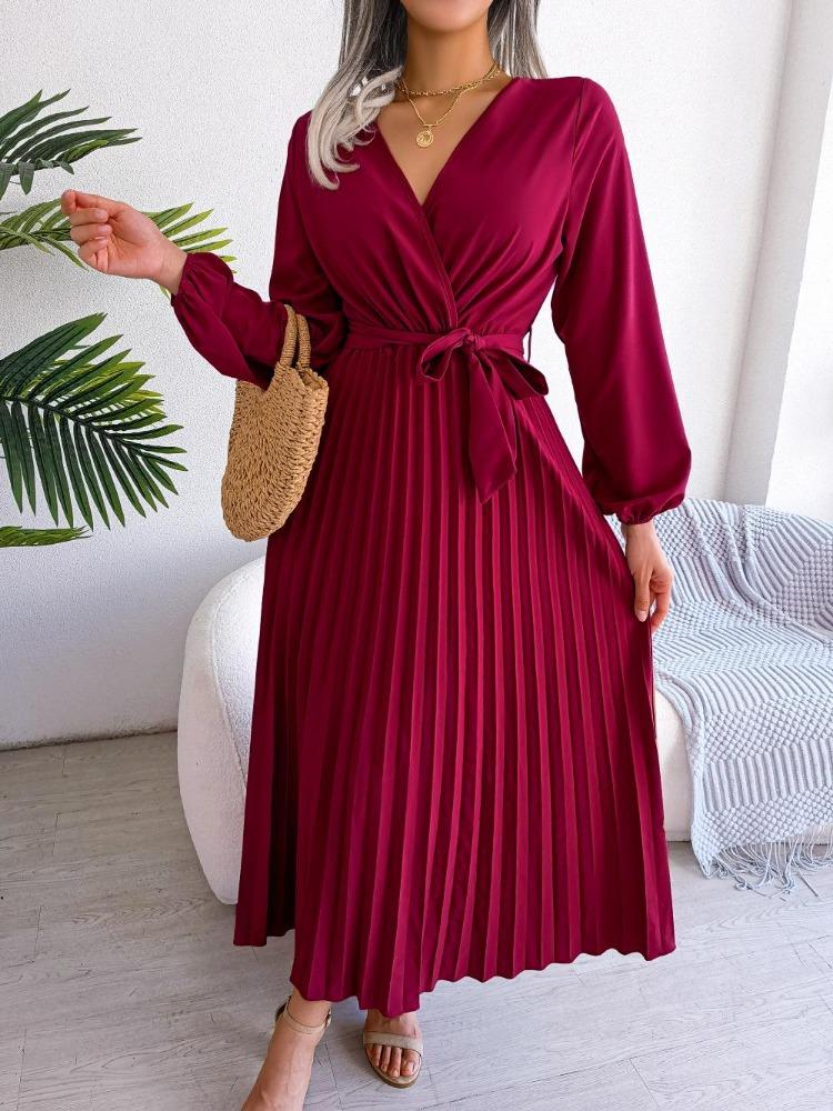 Elegant Women Pleated Maxi Dress Long Sleeve V Neck