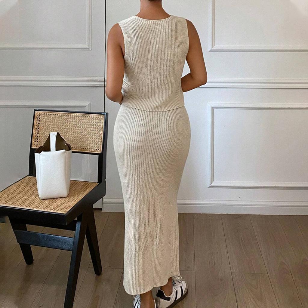 Flower Knitted Waistcoat Dress Sleeveless Vest Two-piece Set