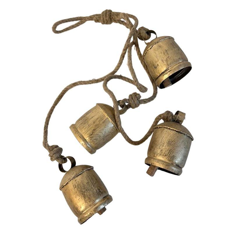 

AEE2-4PCS Cow Bells Cluster On Rope Large Rustic Vintage Lucky Cow Bells On Rope Wall Hanging