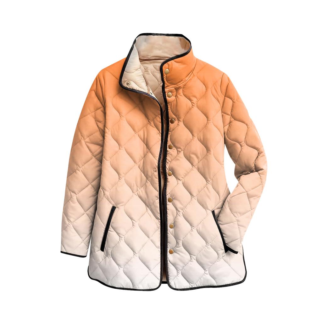 Ladies' Gradient Printed Stand Up Collar Pleated Cotton Long Sleeved Buttoned Cotton Jacket