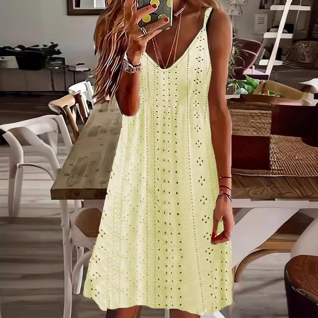 European and American women's clothing summer new hollow jacquard V-neck suspender solid color dress