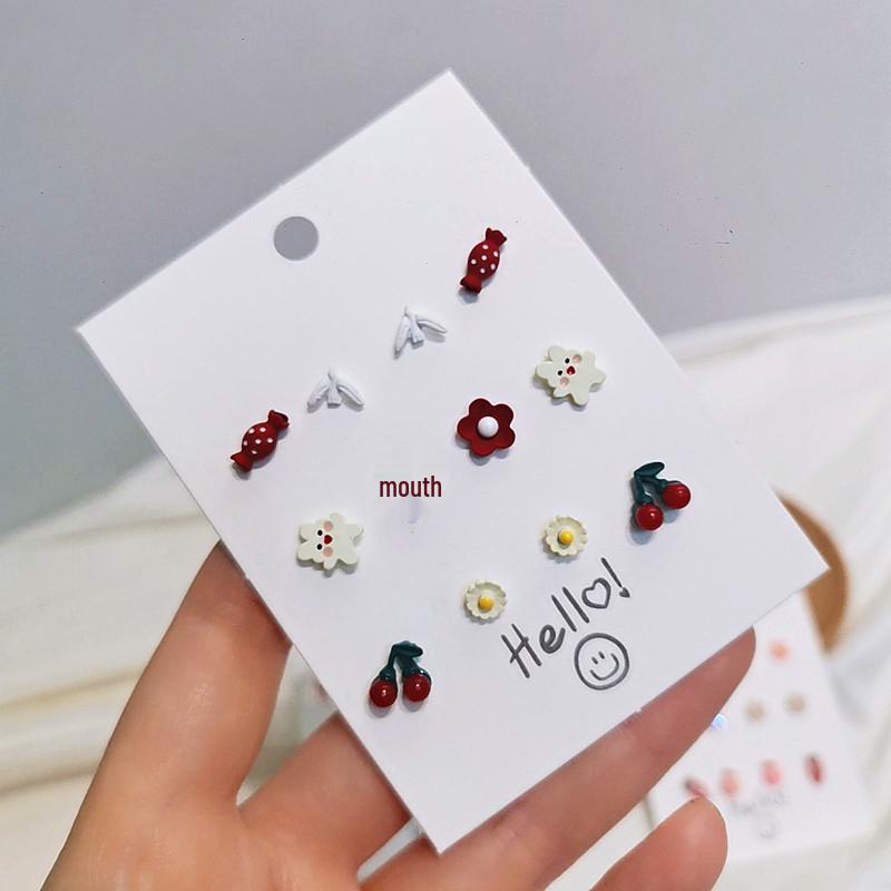 Christmas 925 Silver Needle Ear Stud Set: Cute Red Flowers & Girly Designs from Japan and South Korea