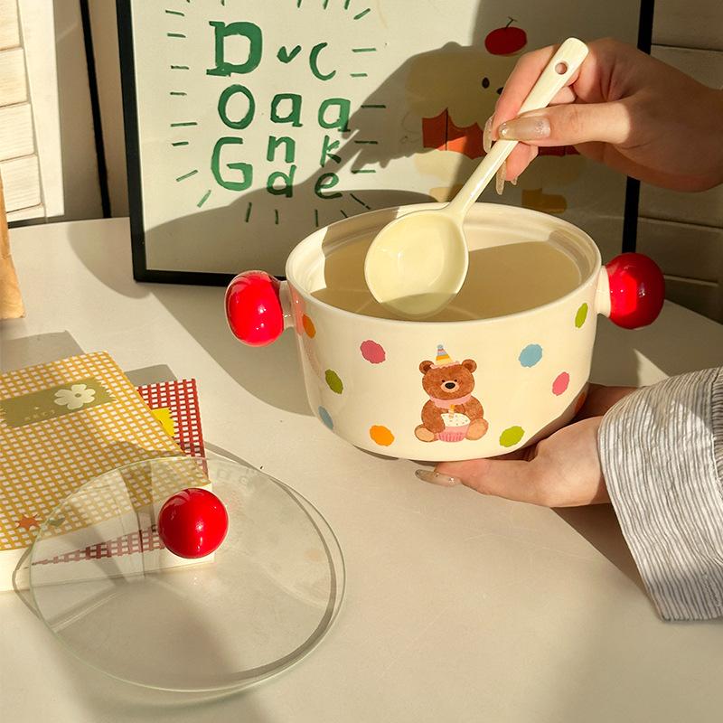 Ins Cream Wind Cute Cartoon Ceramic Binaural Instant Noodle Bowl Snail Powder Bowl Noodle Bowl Soup Bowl with Lid