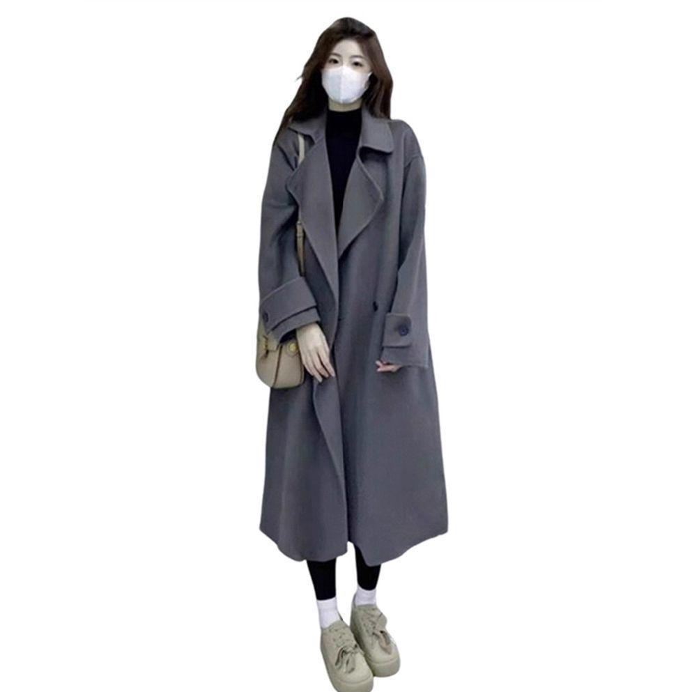 Women's Plus-Size Grey Wool Mid-Length Coat - Autumn Winter Thick Korean Hepburn Style