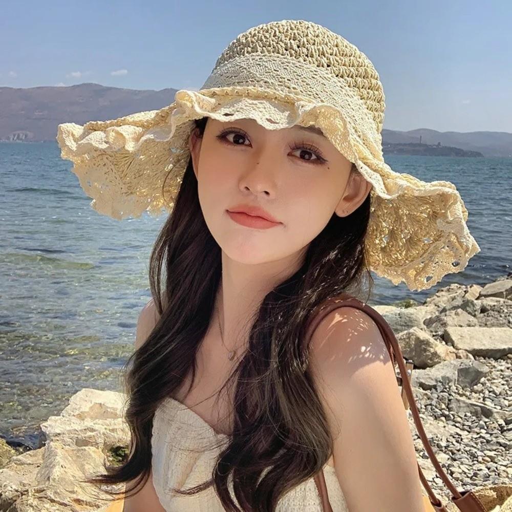 Foldable Sun Hat Lace Trim Beach Cap Breathable Summer Straw Hat  Travel