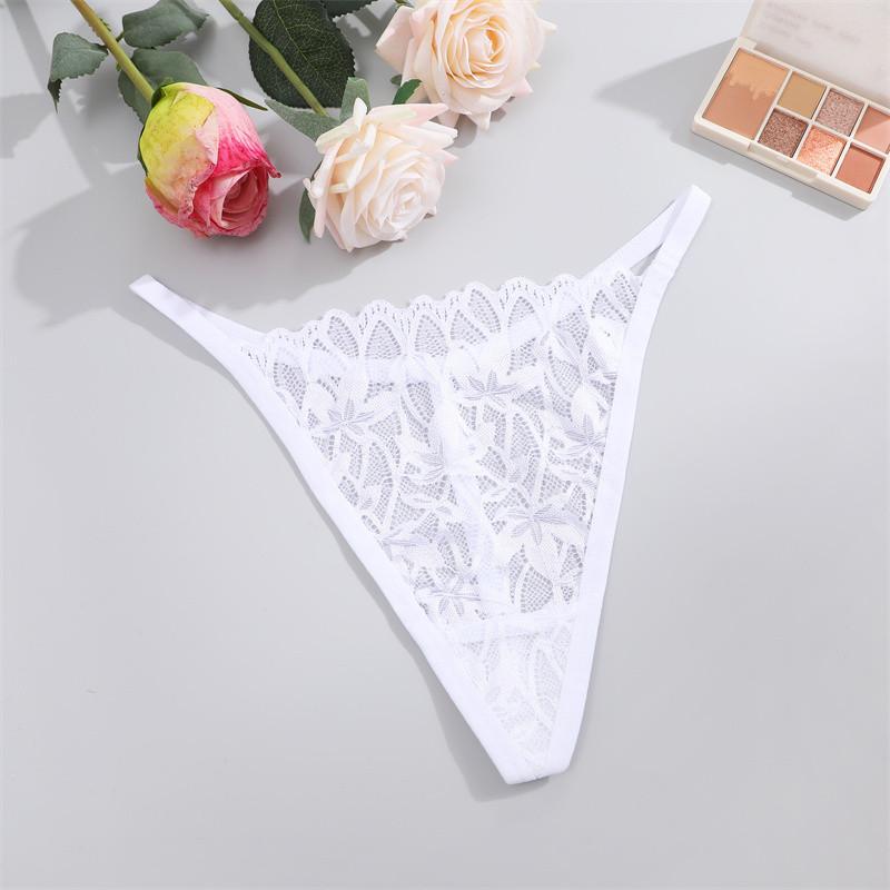 FINETOO Lace Thong For Women Sexy T-back Panty Solid Color Lingerie Floral Underwear