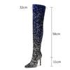 Europäische und amerikanische sexy Paillettenstoffe mit Farbverlauf, High Heels, Seitliche Reißverschlüsse, Knielange Mode-Stiefel, Damenstiefel mit dicker Sohle