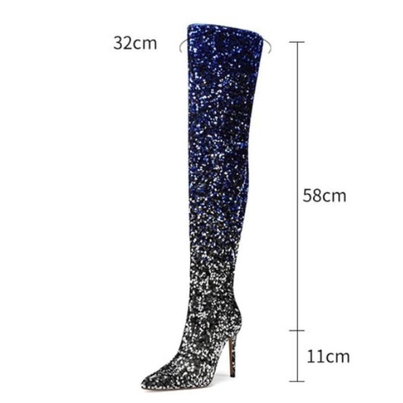Europäische und amerikanische sexy Paillettenstoffe mit Farbverlauf, High Heels, Seitliche Reißverschlüsse, Knielange Mode-Stiefel, Damenstiefel mit dicker Sohle