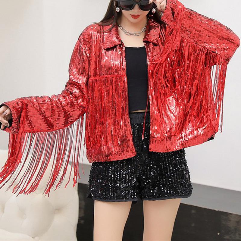 Women's Shiny Sequin Tassel Jacket - European & American Style, Beaded Celebrity Top with Lining