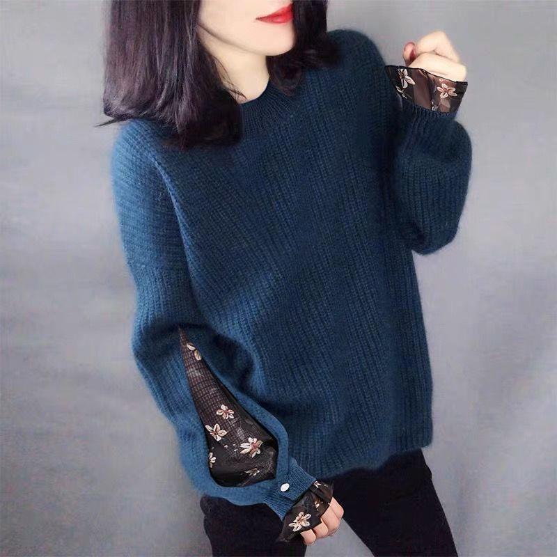 New Autumn Winter Fashion Korean Version Patchwork Contrasting Round Neck Sweater Loose and Versatile Western-style Knitted Top