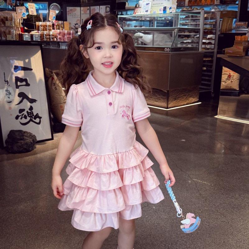 Girls Summer Polo Dress Short Sleeve Preppy Tiered Cake Skirt Princess Party Outfit 110