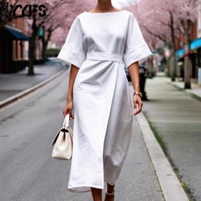 Women's Fashion Summer Spring Solid Color Print 1/2 Sleeves O-Neck High Waist Casual Dresses