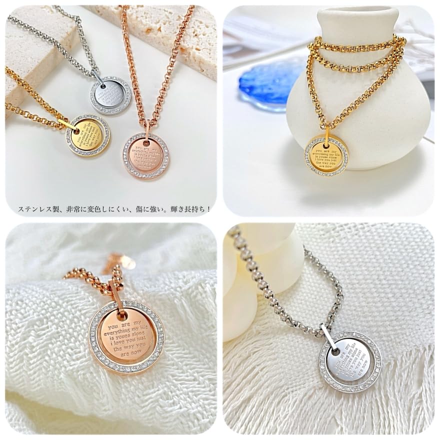 Surgical Stainless Steel CZ Diamond Medal 18K Gold Message Engraving [Galant] Necklace, Rust-Proof, Pendant, (PVD Coating), Unisex, (Gold)