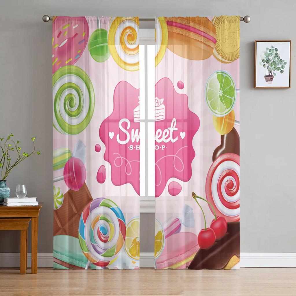 Afternoon Tea Cake Dessert White Curtain Living Room Home Kitchen Bedroom Window Decor Chiffon Tulle Voile Curtains With Light Filtering Polyester