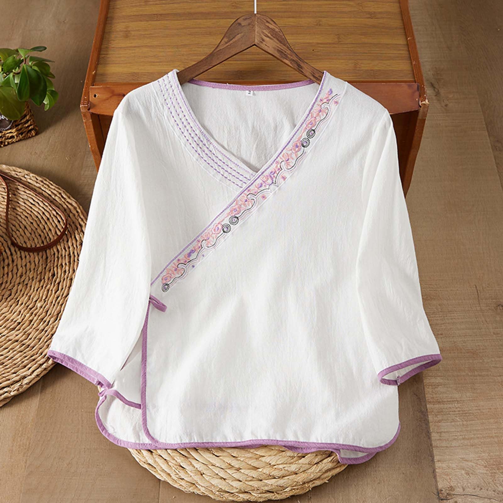 

Fashion Women s Shirt Five-quarter Sleeve Spring And Summer Loose Top Embroidered Shirt XXL білий