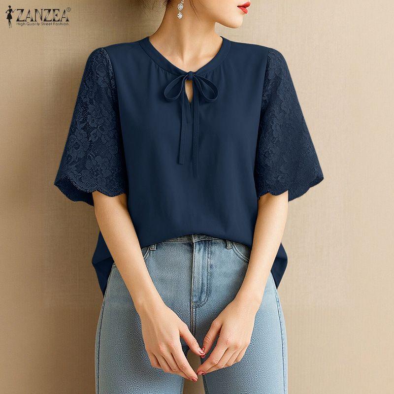 ZANZEA Women Casual Round Neck Lace Splice Short Sleeve Blouse