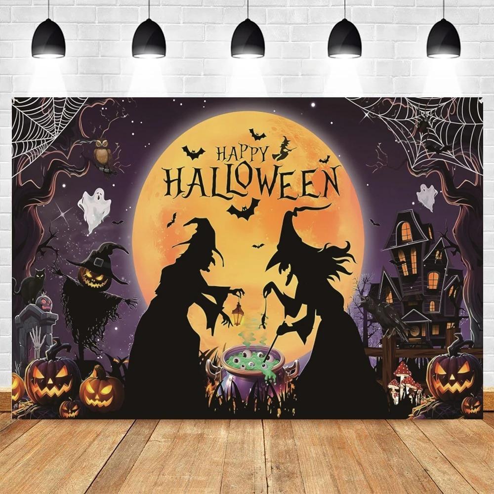 Circus Halloween Background Hanging Cloth Full Moon Night Witch Skull Carnival Party Decoration Background Photography Studio