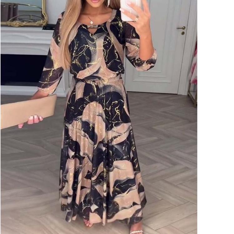 2025 Elegantní šaty s potiskem, sedmirukávové, s řasením v pase pro ženy