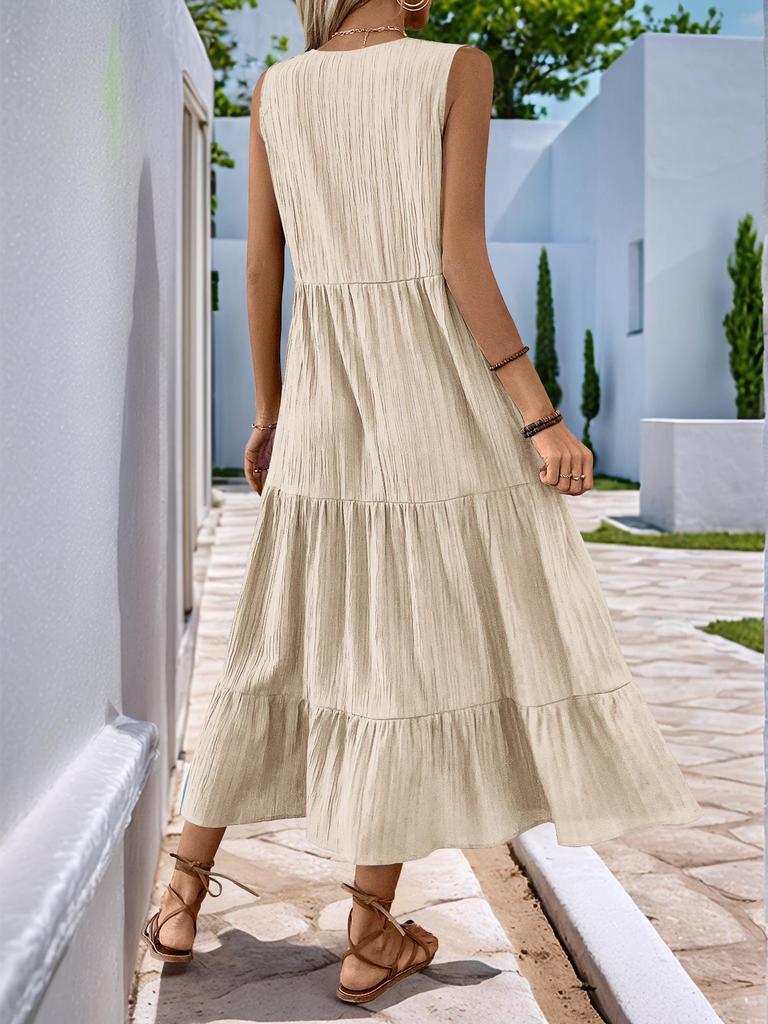 European & American Minimalist V-Neck Button Midi Dress - Sleeveless, Solid Color, Summer 2025 Collection