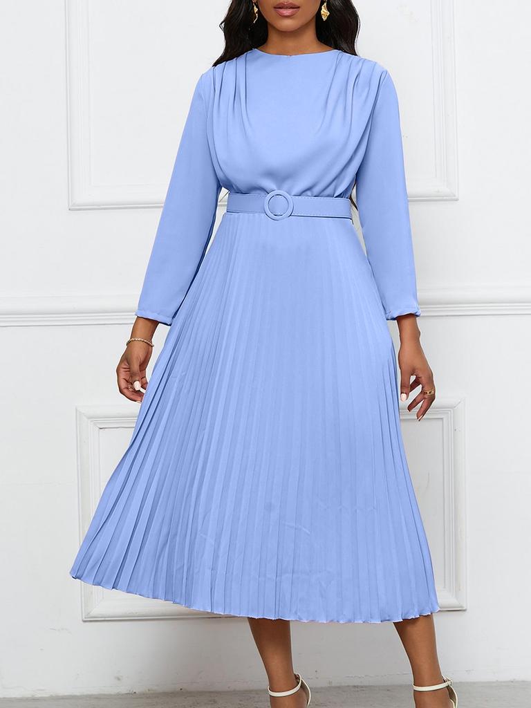 Women's Plus Size Elegant Pleated Dress - Solid Color, African Design, New Style