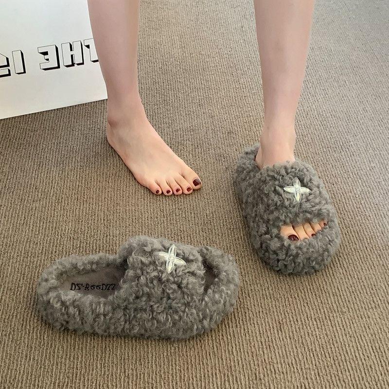 Fashion Non-Slip Plush Slippers Women Wear Soft Soles Comfortable Lazy Pedal Home Indoor Fluffy Shoes Drag