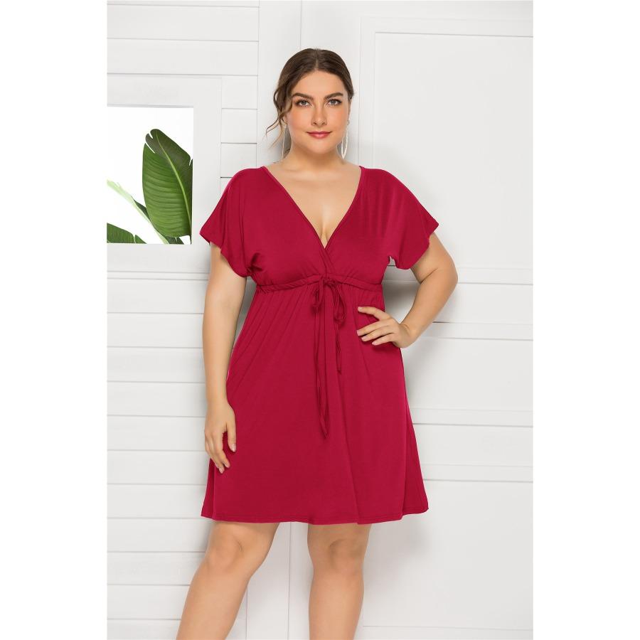 Haine de marime mari Rochii maxi scurte, sexy, supradimensionate, de culoare uni, cu decolteu in V, largi, rochie cu maneca evazata.