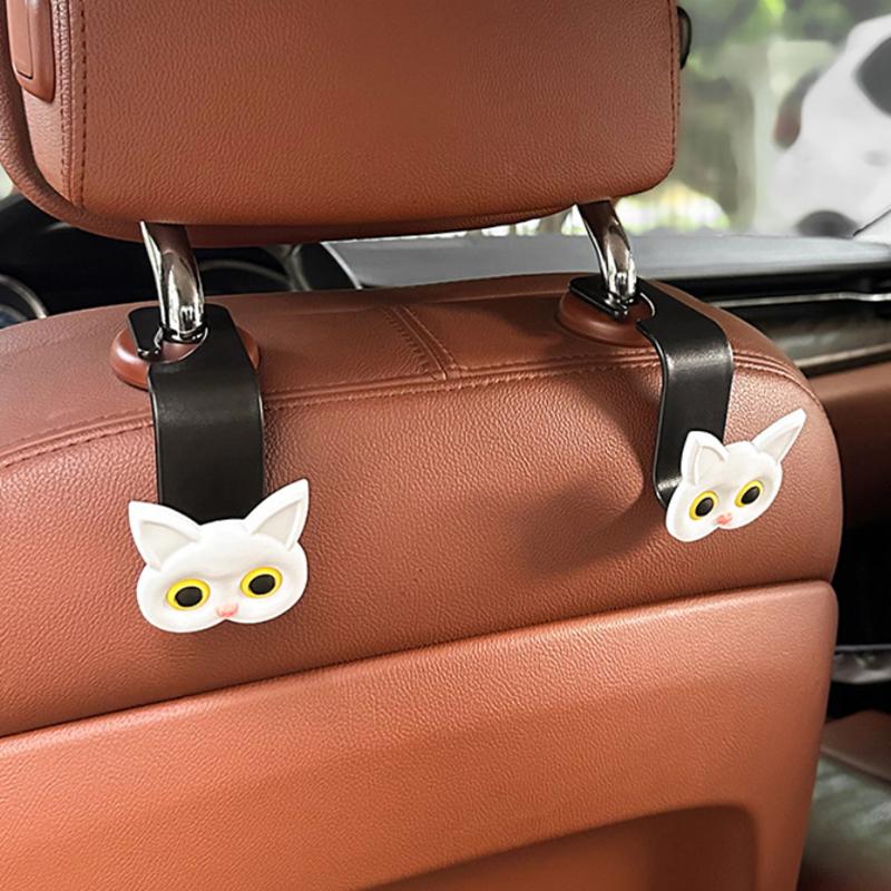 2Pcs Adorable 3D Cartoon Cat Car Seat Headrest Hooks - Universal Vehicle Storage Organizer For Handbags,Purses Coats Cute