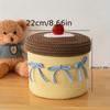 Handmade Woven Round Yellow Cute Yarn Storage Basket with Lid, Dustproof Desktop Organizer, Decorative Storage Box.